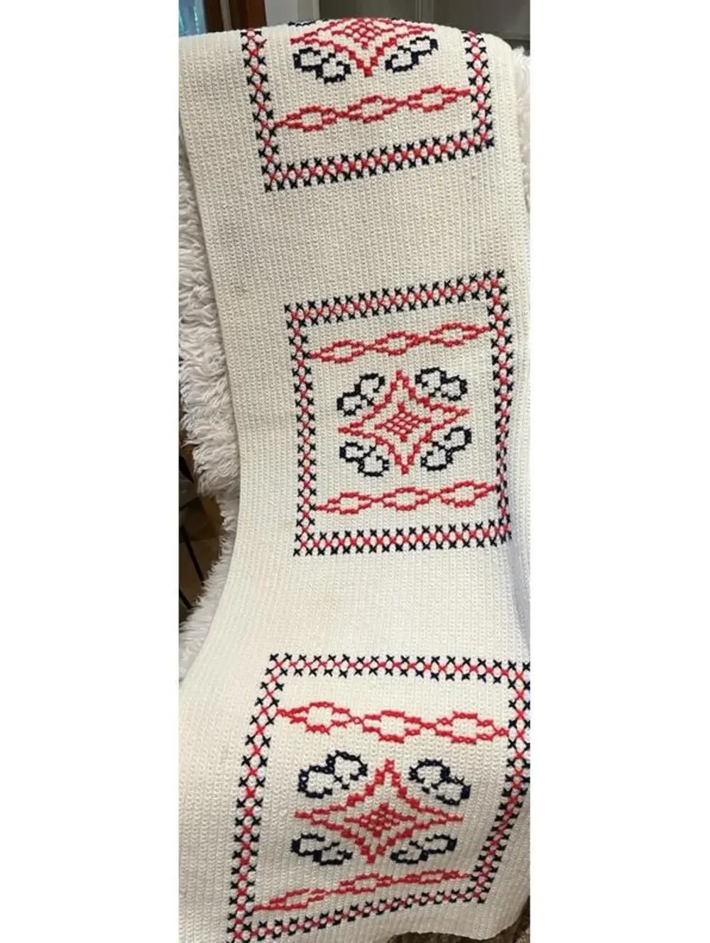 35x66” Red White & Blue Tight Knit Hippy Boho Afghan Mid Century Modern Blanket